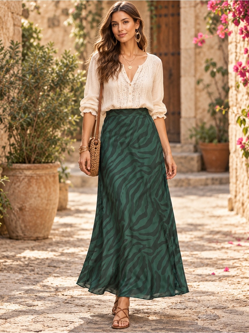 The Andamane Skirt Womens Size XS Green Zebra Print Midi Pull On Stretch